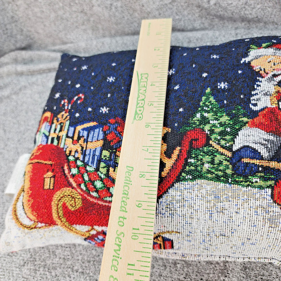 Christmas Tapestry Throw Pillow 16"x12" Blue Santa Sleigh Presents Ornaments Hol - Picture 10 of 12